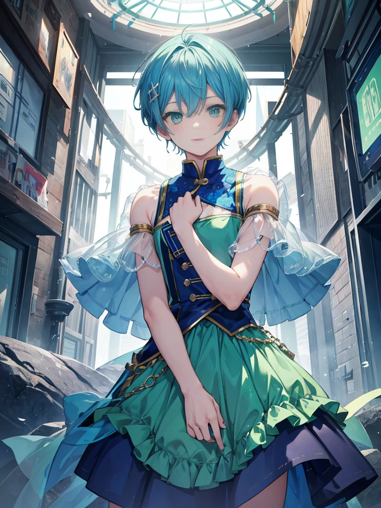 1boy, ((blue hair)), ((green eyes)), ((idol costume)), blue dress, layered skirt, ((crew cut)), crossdressing