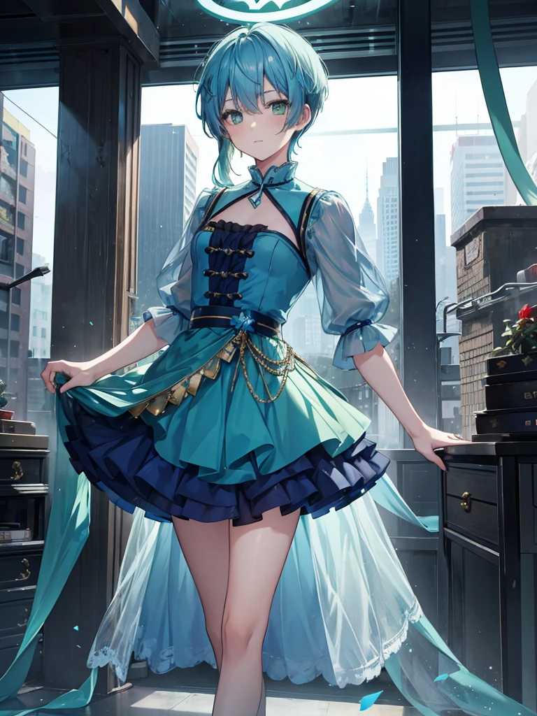 1boy, ((blue hair)), ((green eyes)), ((idol costume)), blue dress, layered skirt, ((crew cut)), crossdressing