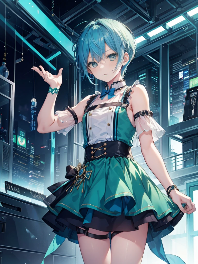 1boy, ((blue hair)), ((green eyes)), ((idol costume)), blue dress, layered skirt, ((crew cut)), crossdressing