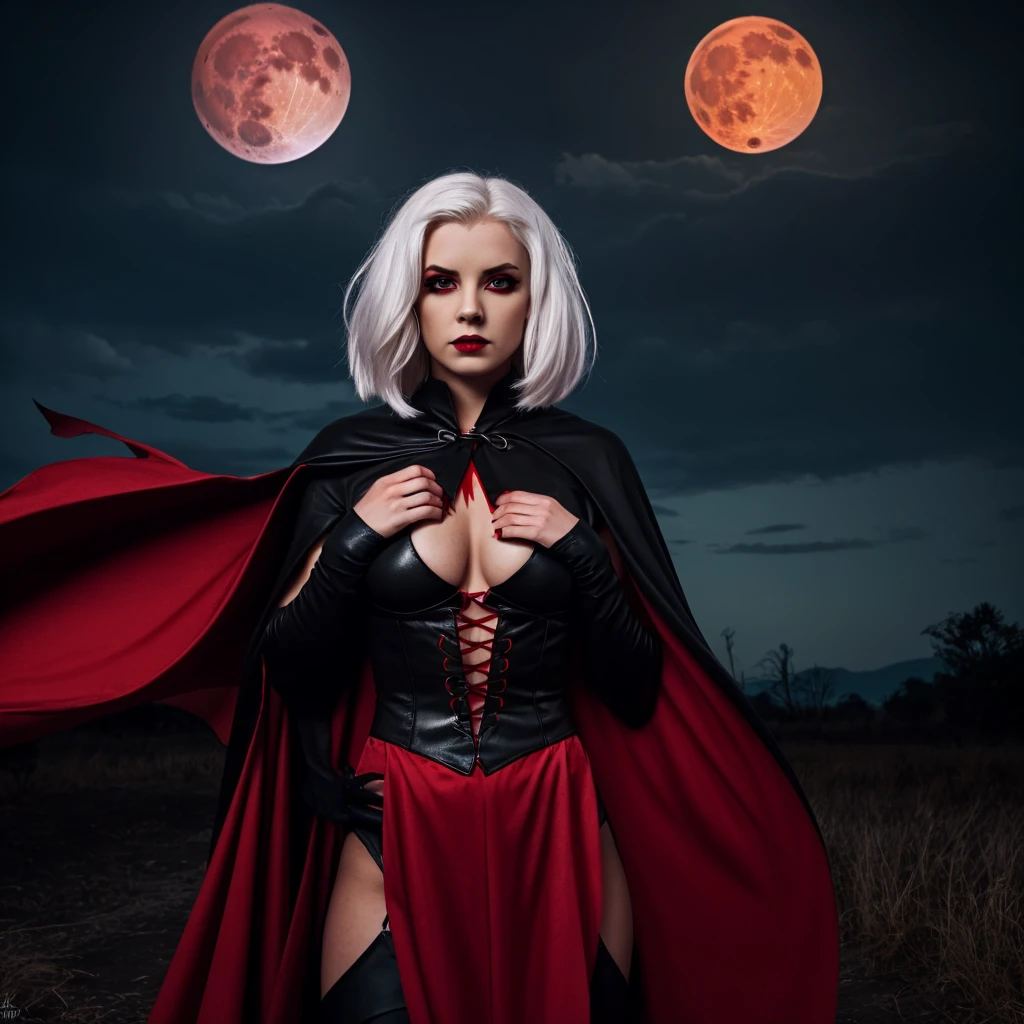 Vampire, girl, smaller chest, white hair, pale skin, red and black royal outfit and cape, large black bat wings, dark nighttime, blood moon in background, blood red eyes, bloodlusted