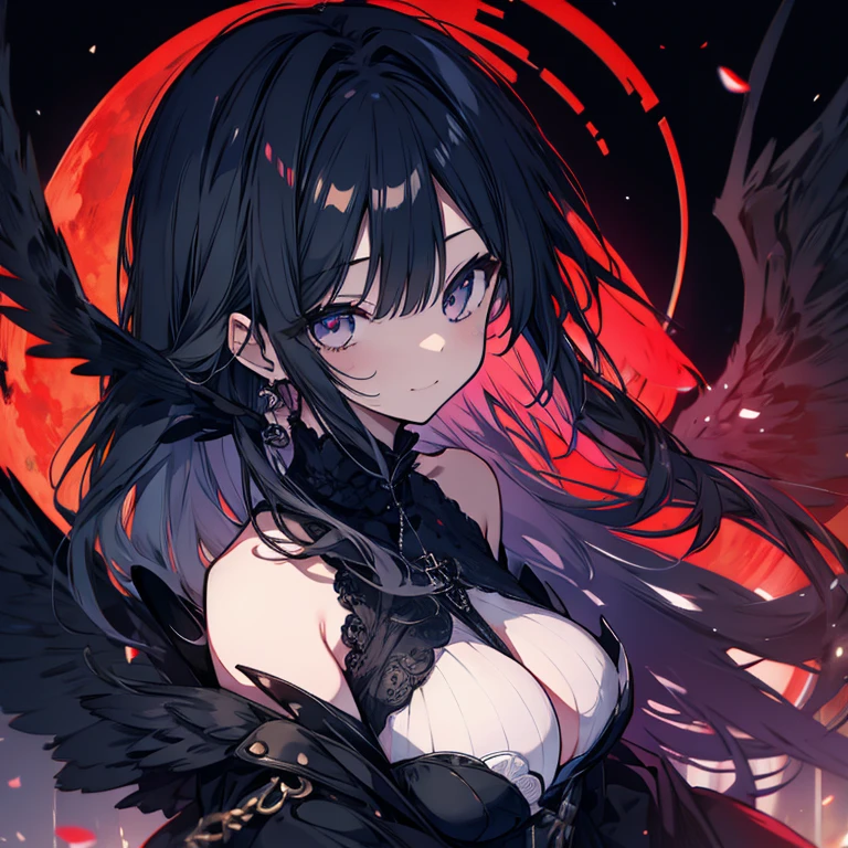 1 girl、Mature、Ample breasts、Black Dress、Black wings、Big Wings、Wings on your back、Shoulder Bare、Night view、Long Hair、Sharp Eyes、Red Moon、A seductive smile、High resolution、Highest quality、