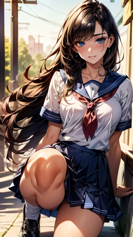 (masterpiece:1.3, Highest quality, Ultra-high resolution, Super detailed), (Realistic, photoRealistic:1.4), Beautiful illustrations, Perfect lighting, colorful, Depth of written boundary,
Beautiful detailed hair, Beautifully detailed face, Beautiful attention to detail, Beautiful clavicle, Beautiful body, Beautiful breasts, Beautiful thighs, Beautiful feet, Beautiful fingers,
View your viewers, 1 Girl, high school girl, Perfect Face, (Perfect Anatomy, Anatomically correct), Cute and symmetrical face, Baby Face, , Shiny skin,
(Long Hair:1.5, Straight hair:1.6, Black Hair), Asymmetrical bangs, , blue eyes, Droopy eyes, Long eyelashes, (Medium chest), thin,
(Detailed cloth texture), Short sleeve, Blue Sailor Suit, Pleated skirt, Red Sailor Scarf,
(Beautiful views), summer, evening, (Schoolyard:1.2), squat, (Falter, Panic, Part your lips),