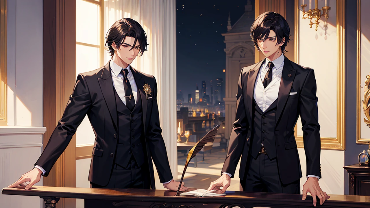 The handsome male magician and the handsome black-booted male archer cast black moonlight magic together