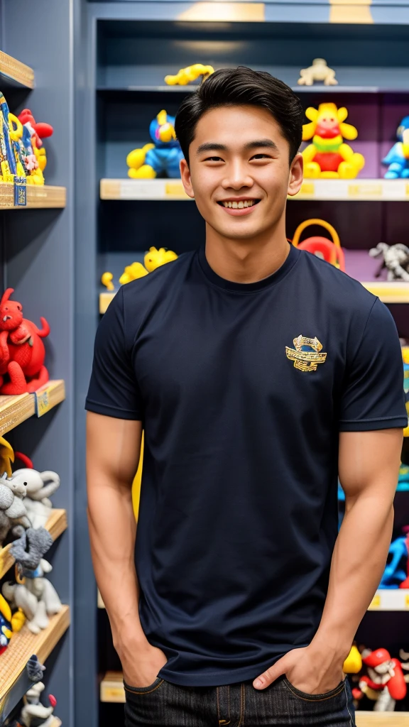 single: 1.5, (ที่TRUEแล้ว, Masterpiece, 8k HD, good light quality, sportswear, to fit the face, complicated details), A handsome Korean man with muscular arms.. , 20 years old, be happy, smile brightly, detailed face, delicate eyes, look at the sky, Wear a navy tight T-shirt..:1.6 ,Wear a denim coat.., Jeans era, black eyes, Black hair color, ผมsmooth, smooth,SurTRUE,Excellent details,Highest quality,TRUE,Open your mouth to talk.. , Close your eyes.., (standing in a toy store:1.5)
