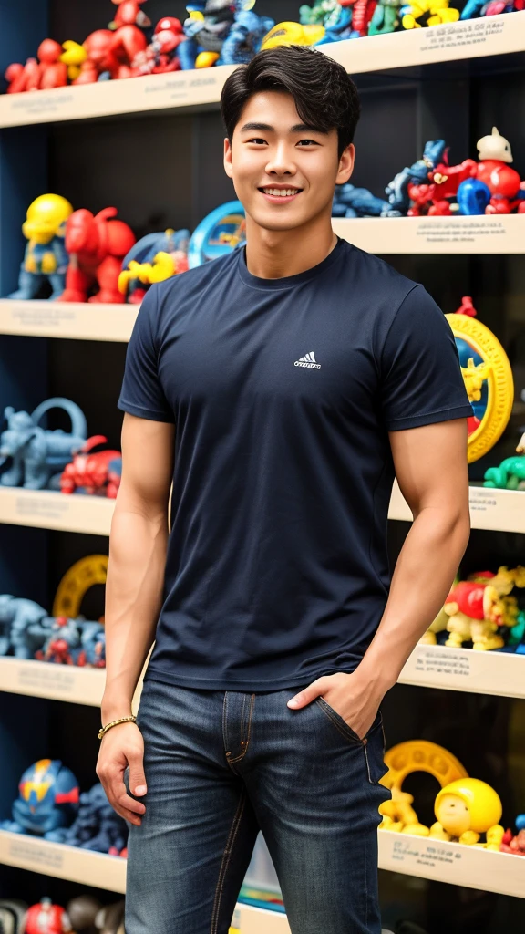 single: 1.5, (ที่TRUEแล้ว, Masterpiece, 8k HD, good light quality, sportswear, to fit the face, complicated details), A handsome Korean man with muscular arms.. , 20 years old, be happy, smile brightly, detailed face, delicate eyes, look at the sky, Wear a navy tight T-shirt..:1.6 ,Wear a denim coat.., Jeans era, black eyes, Black hair color, ผมsmooth, smooth,SurTRUE,Excellent details,Highest quality,TRUE,Open your mouth to talk.. , Close your eyes.., (standing in a toy store:1.5)