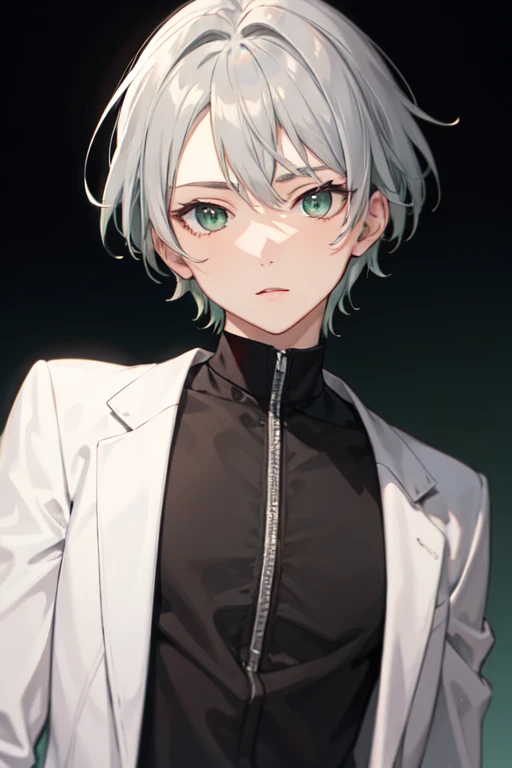 ((anime))((masterpiece))boy Gray Hair Green Eyes Face Black clothes