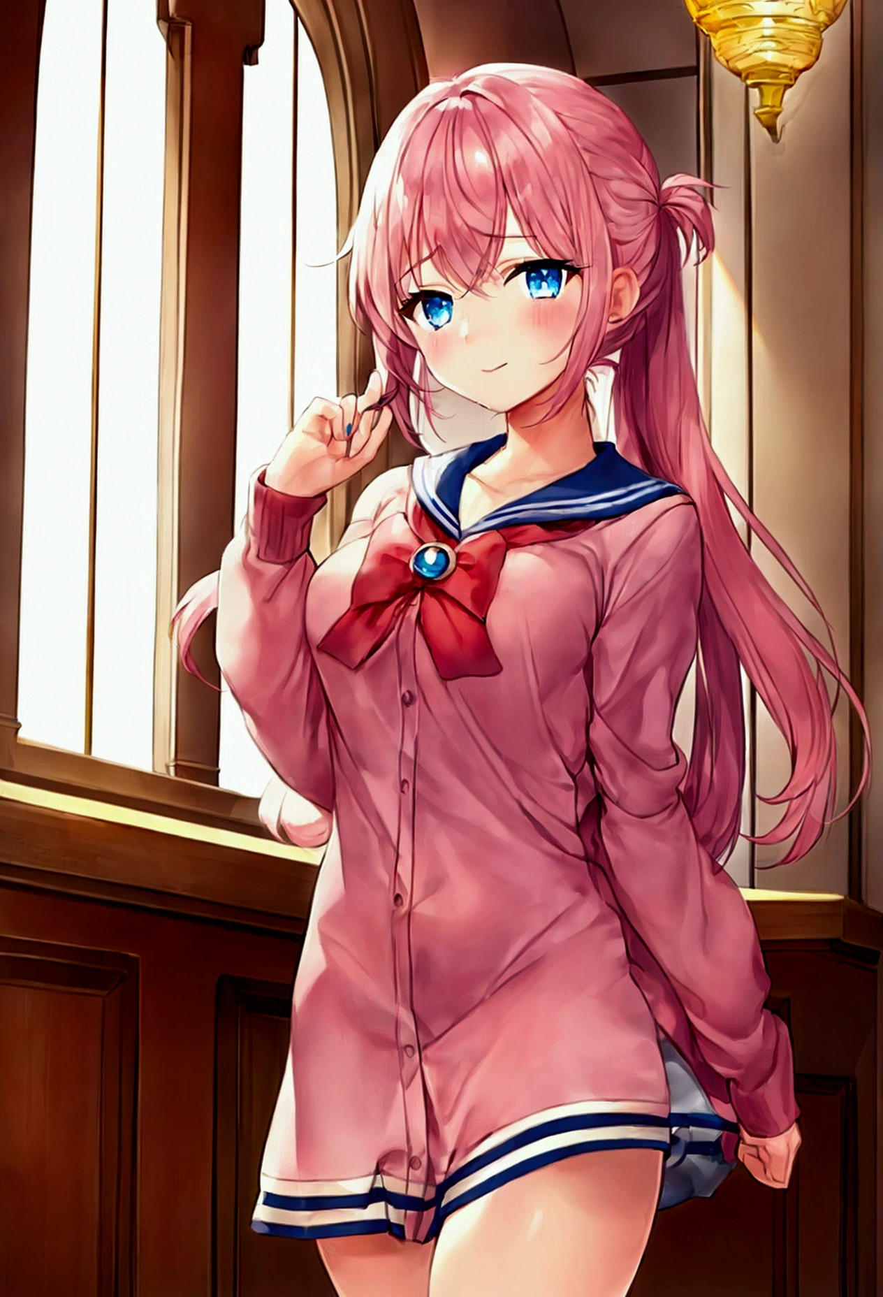 1 girl, pink hair, blue eyes, sailor , big chest, front view, look of satisfaction, bent over looking at the ground, heavy rain