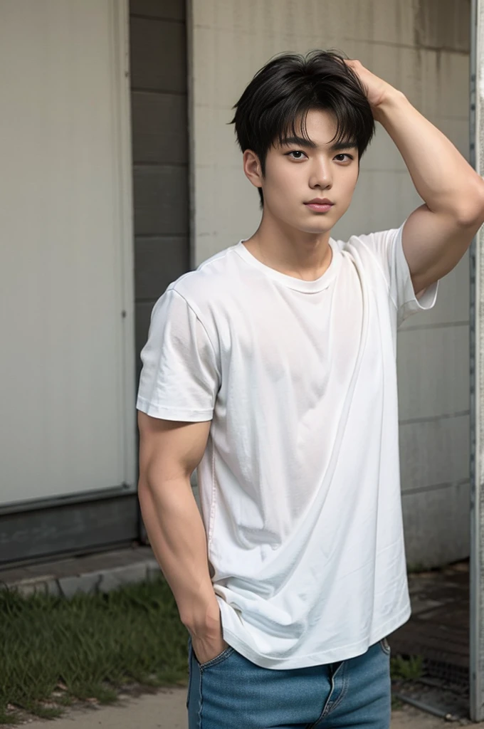 A young Asian man stands, handsome, muscular, looking at the camera. In a plain white t-shirt , Fieldside, grass, beach, sunlight