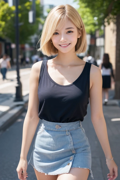 8K, RAW Photos, Highest quality, masterpiece:1.2), Very detailedな, Ultra-high resolution, (Realistic, Realistic:1.37), High-resolution RAW color photos, Professional photos, Very delicate and beautiful, Very detailed, 8K壁紙, (Beautiful and exquisite)、(Beautifully detailed face),Anatomically correct body shape, Natural light in the skirt, woman、Japanese、20-year-old, blonde、Short Bob、 (はにかんだsmile:1.3), Fine and beautiful skin、Skin Texture、 (slimなウエスト:1.2)、(E Cupバスト:1.21), (T-Shirts,mini skirt,Panty shot:1.25),Are standing,Sharp focus、The background is a realistic cityscape、(Hyper Realist, 8K, Very detailedな, Highest quality, Very detailedな, masterpiece, Ultra-realistic, High detail, RAW Photos, Realistic, Photo Real, Ultra-high resolution, Realistic, Highest quality, Raw photo, Depth of written boundary, Cinema Lighting). (きれいなwoman). (Blonde). (double eyelid). (alone). (In the dark night, moonlight). (smile). Female college student、Sleeveless、Open chest、E Cup、Check skirt、すらっと伸びたthin脚、Long legs、Platform Sandals、short hair、Brown medium hair、clear、thin、slim、thinウエスト、beauty、Looking into the camera、Walking around the city、いいsmile、Summer sunshine、Emphasize the chest