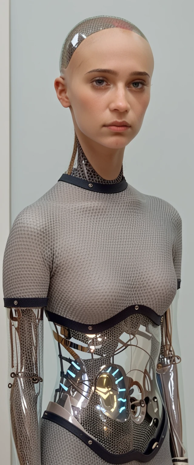 ava, portrait, android, transparent skin parts, looking at the viewer, waist, gray bodysuit, bald, perfect skin, smooth skin, round face, score_9, score_8_up, score_7_up, score_6_up, score_5_up, score_4_up
