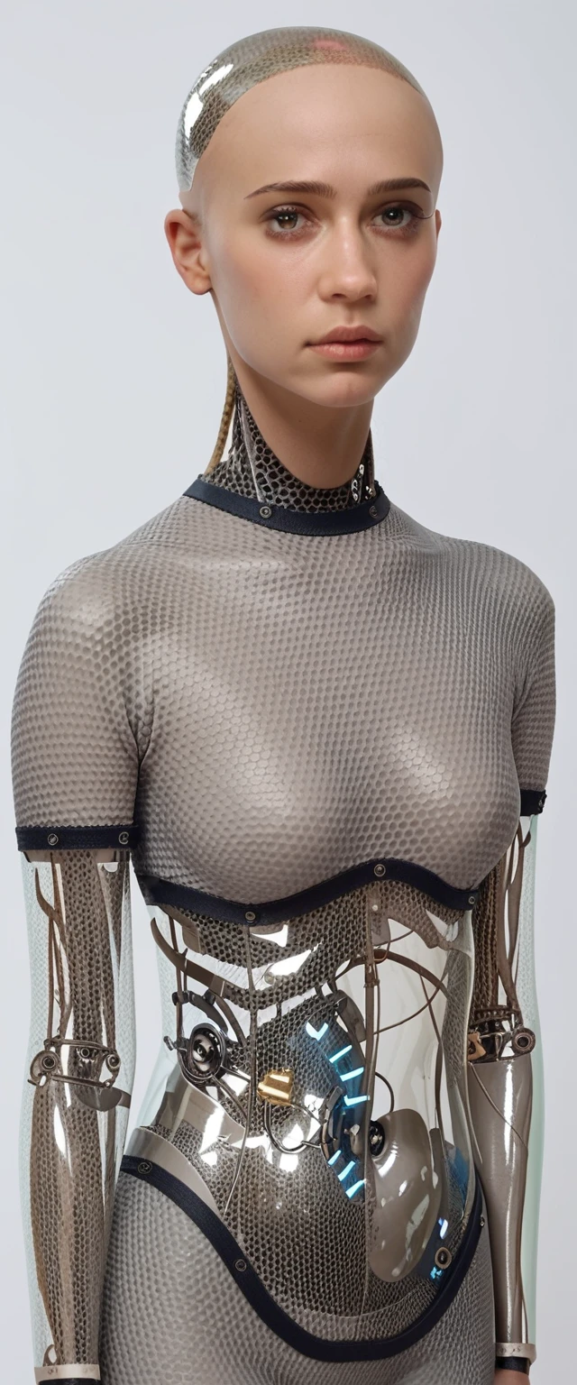 ava, portrait, android, transparent skin parts, looking at the viewer, waist, gray bodysuit, bald, perfect skin, smooth skin, round face, score_9, score_8_up, score_7_up, score_6_up, score_5_up, score_4_up
