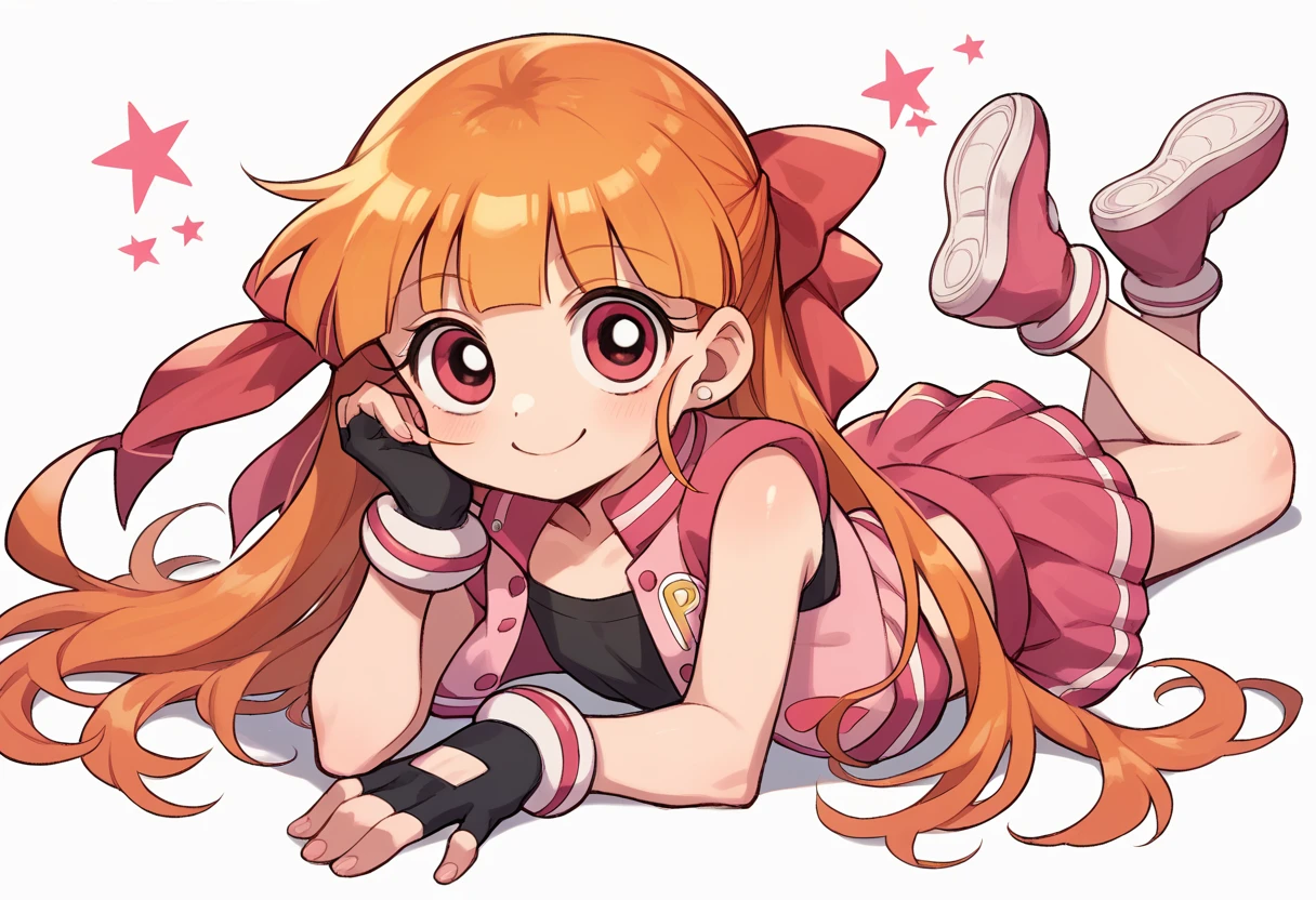 akazutsumi_momoko, laying on stomach, pink vest, pink skirt, pink shoes, orange hair, ribbon, long hair, black fingerless gloves, smile, looking at viewer, young