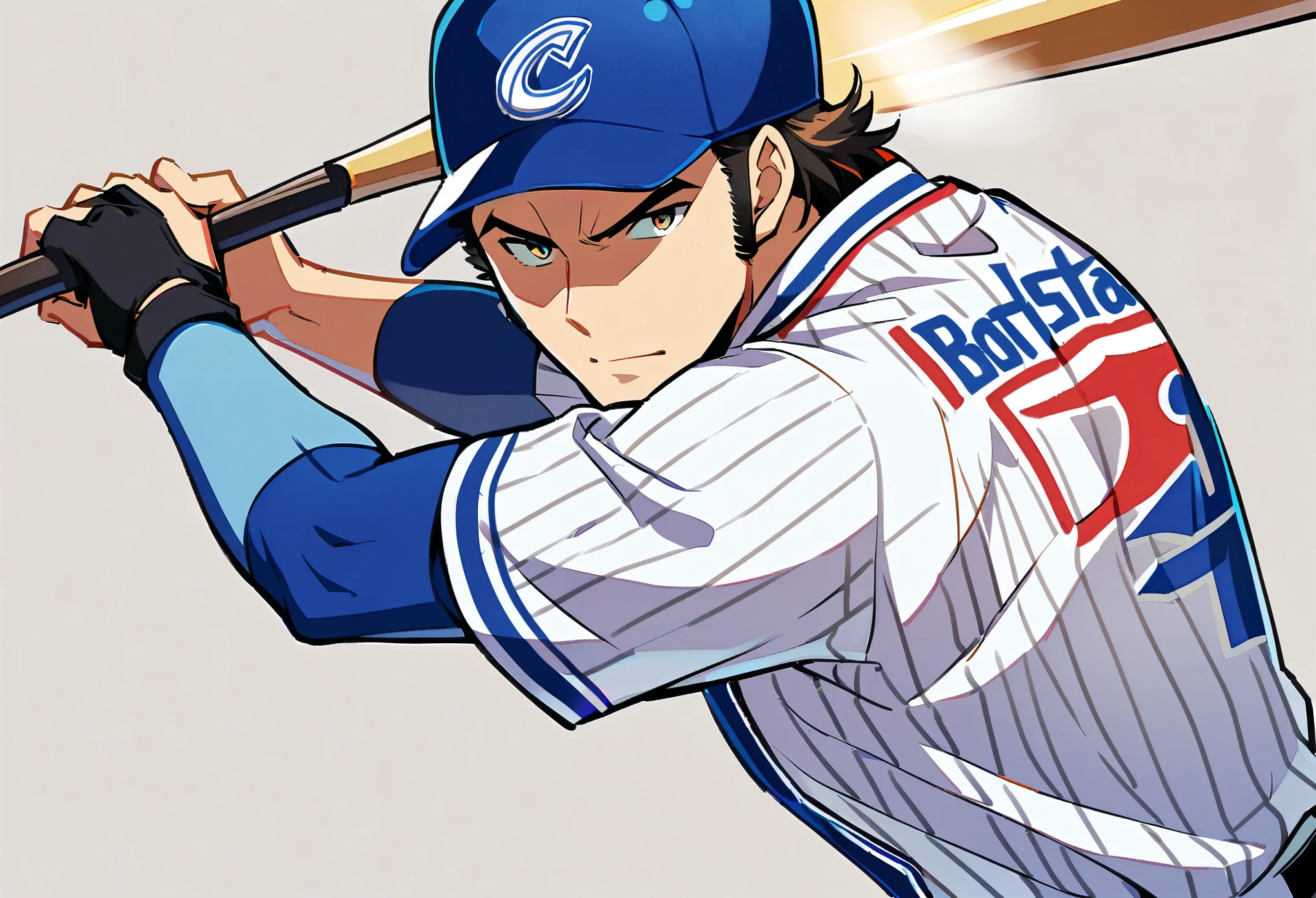 ((1 Male, Pro baseball player)), Yokohama DeNA Baystars, Blue and white baseball uniforms, Batter&#39;s swing, Detailed bat, Sharp Eyes, Accurate batting, The ball flies in an arc, Stadium frenzy, Back screen and scoreboard, Cheering squad in the audience, Lively atmosphere, Dynamic Angle, ((Realistic, Anime illustration)), (Highest quality:1.2, Very detailed, Ultra-high resolution, High Detail, masterpiece:1.2, Best aesthetics).