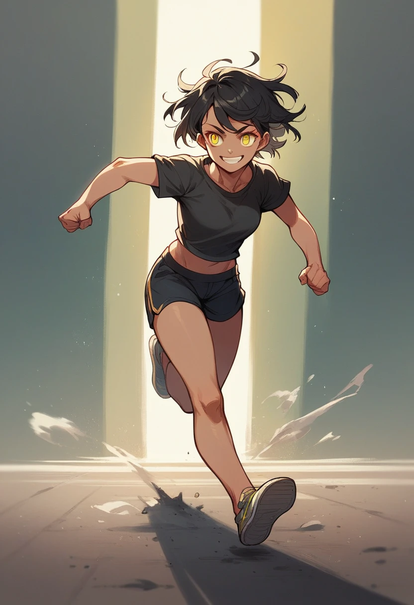 A girl, smile, black hair, big yellow eyes, no body, running, simple dark background, 