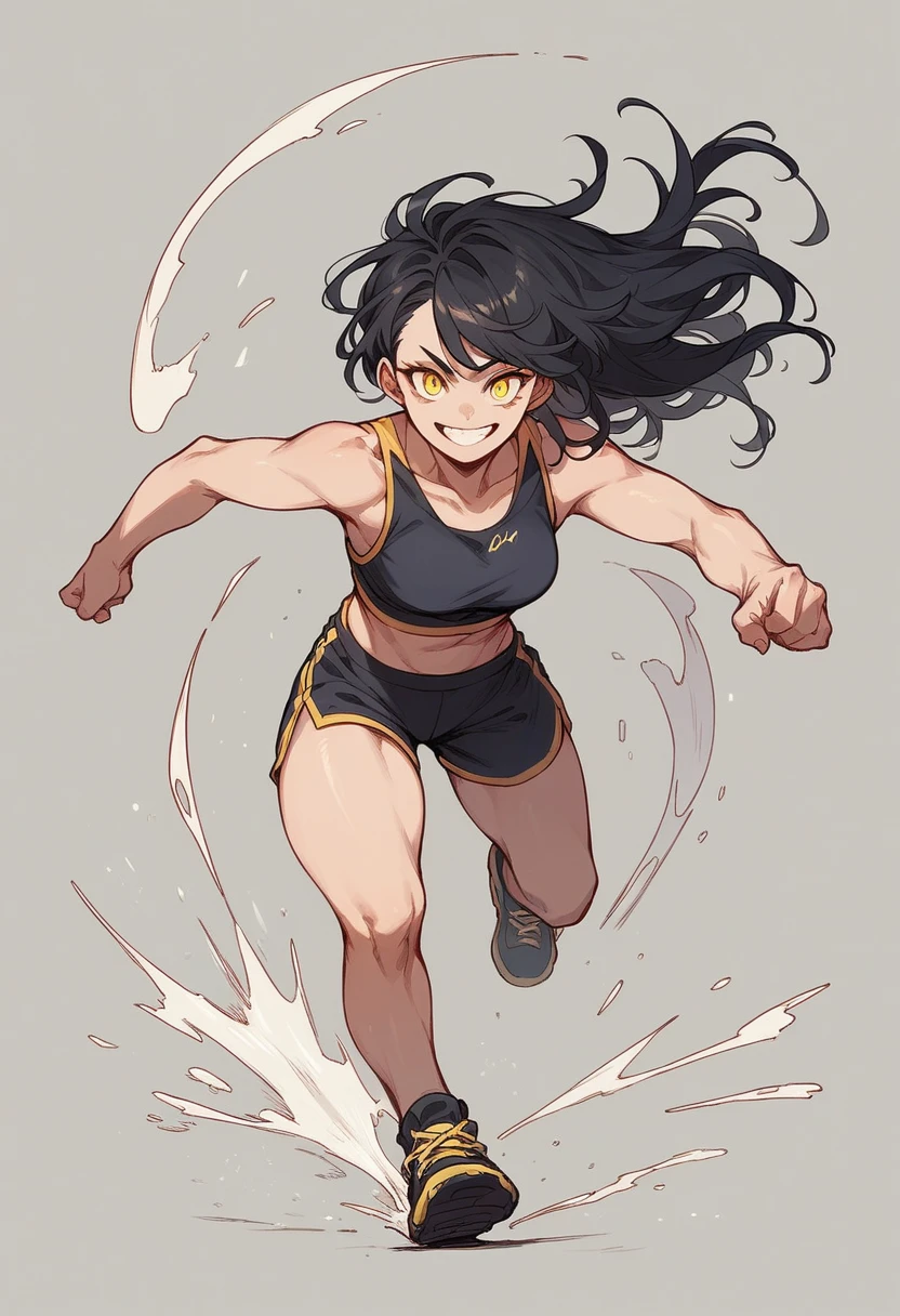 A girl, smile, black hair, big yellow eyes, no body, running, simple dark background,