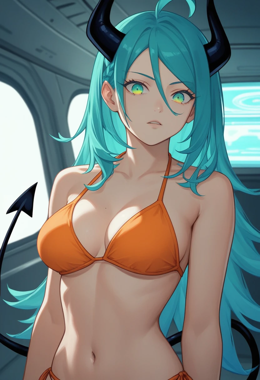 score_9, score_8_up, score_7_up,1 daemon woman, black  horns, black demon tail, (aquamarine hair),aquamarine green color hair,ahoge, long hair, (long hair),bangs, light orange bikini, bikini is orange, bikini orange, orange bikini!, (aquamarine eyes), background is spaceship, aquamarine eyes, 1woman ,facing viewer, daemon girl,  close up,Well-endowed, alone, Spacecraft interior, sexy pose