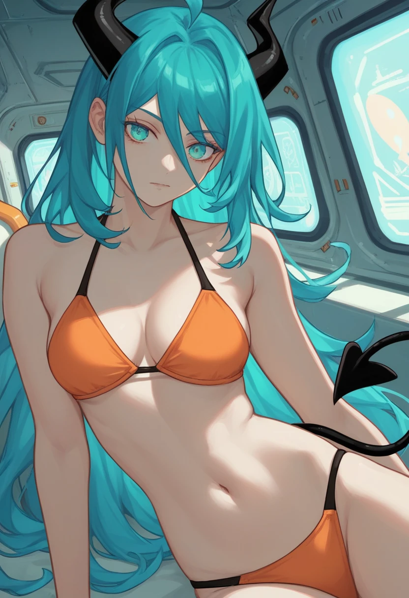 score_9, score_8_up, score_7_up,1 daemon woman, black horns, black demon tail, (aquamarine hair),aquamarine green color hair,ahoge, long hair, (long hair),bangs, light orange bikini, bikini is orange, bikini orange, orange bikini!, (aquamarine eyes), background is spaceship, aquamarine eyes, 1woman ,facing viewer, daemon girl, close up,Well-endowed, alone, Spacecraft interior, sexy pose
