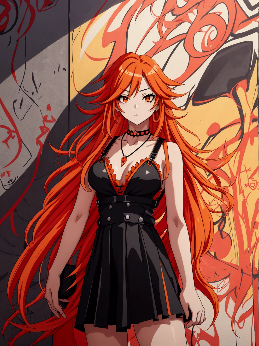 Anime girl in red, orange and black suspender skirt in front of graffiti wall, 2 years old,long hair anime girl, She has long orange-yellow hair., Attractive anime girl,Bare arms,Bare arms,Bare legs,Black necklace,Front view,First Perspective,high quality,16K,Exciting appearance,very clearly,Exquisite mature facial,Royal sister,Simple black suspender skirt,Alone,Standing front,Hands hanging down