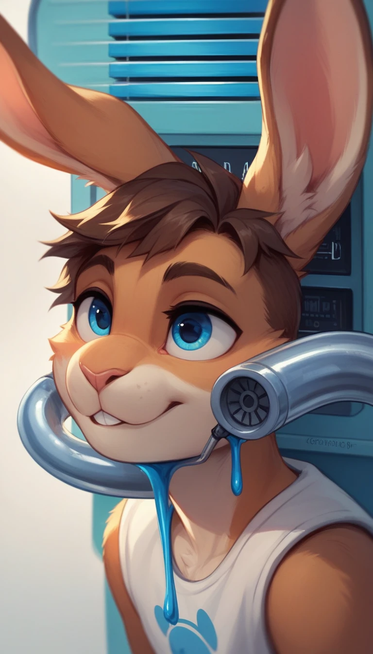 A close-up image of a rabbit's head and ears, with the ears depicted as intricate cooling systems. The ears are composed of a network of thin metal pipes or tubes, resembling a radiator or heat sink. These metal tubes are filled with a blue liquid, representing a coolant circulating through the ears. Small fans or vents are integrated into the ear structure, helping to dissipate heat. The rabbit's face has an anthropomorphic, almost mechanical expression, emphasizing the technological nature of the cooling ear system."