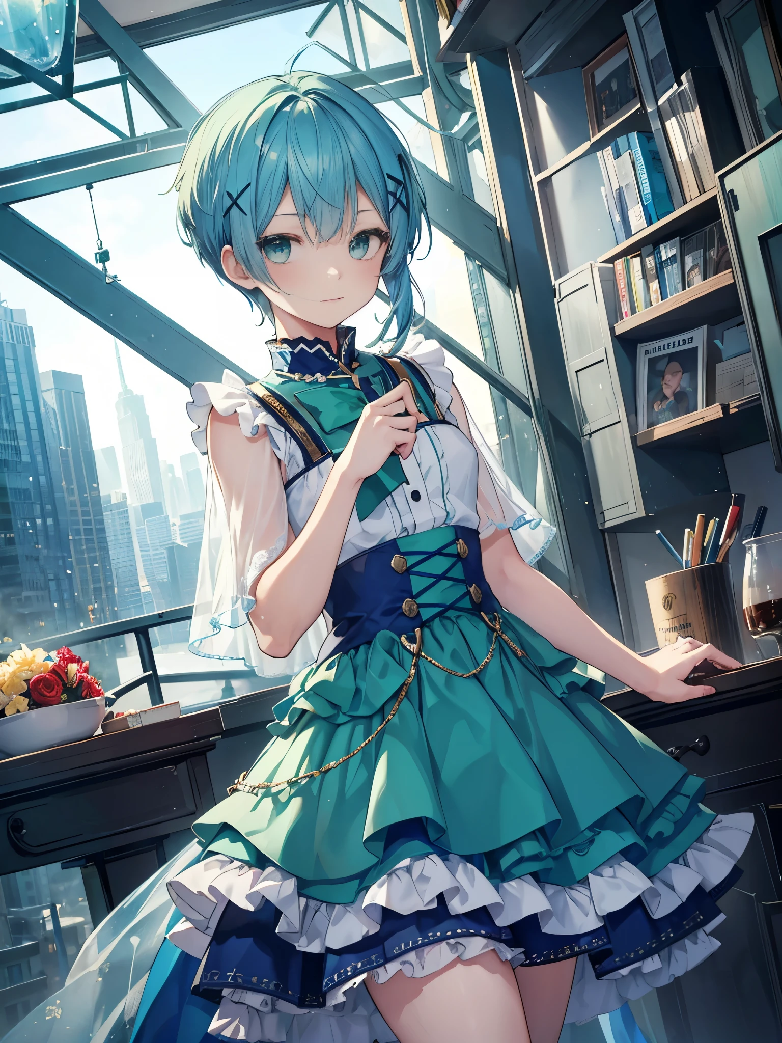 1boy, ((blue hair)), ((green eyes)), ((idol costume)), blue dress, layered skirt, ((crew cut)), crossdressing