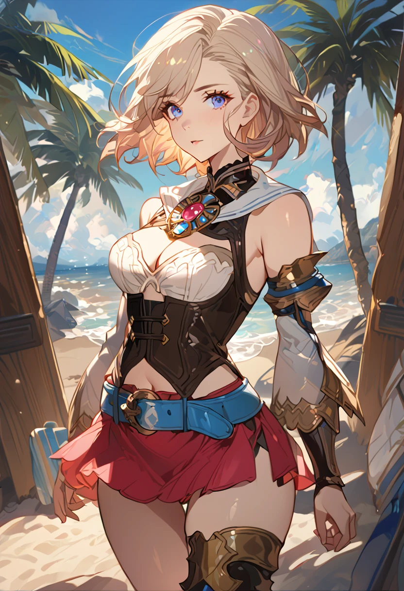 masterpiece, best quality, 8k, 4k, 1girl, ashelia final fantasy xii, Ashelia, short hair, pale blonde hair, blue eyes, white detached sailor like collar, round brooch, gold brooch with pink and blue jewel, white shirt, longer side shirt, cleavage, midriff, detached sleeves, bracer, black corset, corset under shirt, reddish pink skirt, microskirt, super tight skirt, blue belt, black high thigh with gold pattern , gold boots, slim body, looking at viewer, standing nicely, wind blowing, finely detailed eyes and detailed face, face detailed, hair detailed, clothes detailed, ((high quality)), extreme detail, beach sand, palm tree, calm water, high hills overlooking the sea, hollowed hills,  inspired by Asukaziye artist : ask, art style : ask