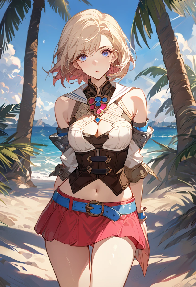 masterpiece, best quality, 8k, 4k, 1girl, ashelia final fantasy xii, Ashelia, short hair, pale blonde hair, blue eyes, white detached sailor like collar, round brooch, gold brooch with pink and blue jewel, white shirt, longer side shirt, cleavage, midriff, detached sleeves, bracer, black corset, corset under shirt, reddish pink skirt, microskirt, super tight skirt, blue belt, black high thigh with gold pattern , gold boots, slim body, looking at viewer, standing nicely, wind blowing, finely detailed eyes and detailed face, face detailed, hair detailed, clothes detailed, ((high quality)), extreme detail, beach sand, palm tree, calm water, high hills overlooking the sea, hollowed hills,  inspired by Asukaziye artist : ask, art style : ask