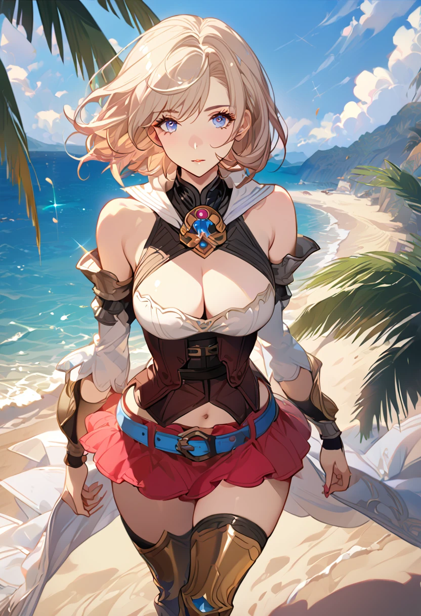masterpiece, best quality, 8k, 4k, 1girl, ashelia final fantasy xii, Ashelia, short hair, pale blonde hair, blue eyes, white detached sailor like collar, round brooch, gold brooch with pink and blue jewel, white shirt, longer side shirt, cleavage, midriff, detached sleeves, bracer, black corset, corset under shirt, reddish pink skirt, microskirt, super tight skirt, blue belt, black high thigh with gold pattern , gold boots, slim body, looking at viewer, standing nicely, wind blowing, finely detailed eyes and detailed face, face detailed, hair detailed, clothes detailed, ((high quality)), extreme detail, beach sand, palm tree, calm water, high hills overlooking the sea, hollowed hills, inspired by Asukaziye artist : ask, art style : ask