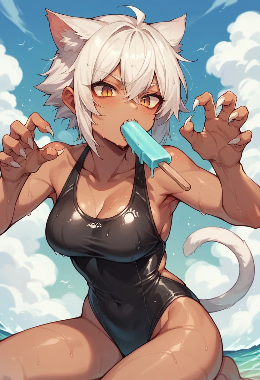 Kizi,brunette skin,cat eye,Cat's ear,sharp teeth,claw our fingers, white hair, wearing wet black swimsuit, sucking popsicle 