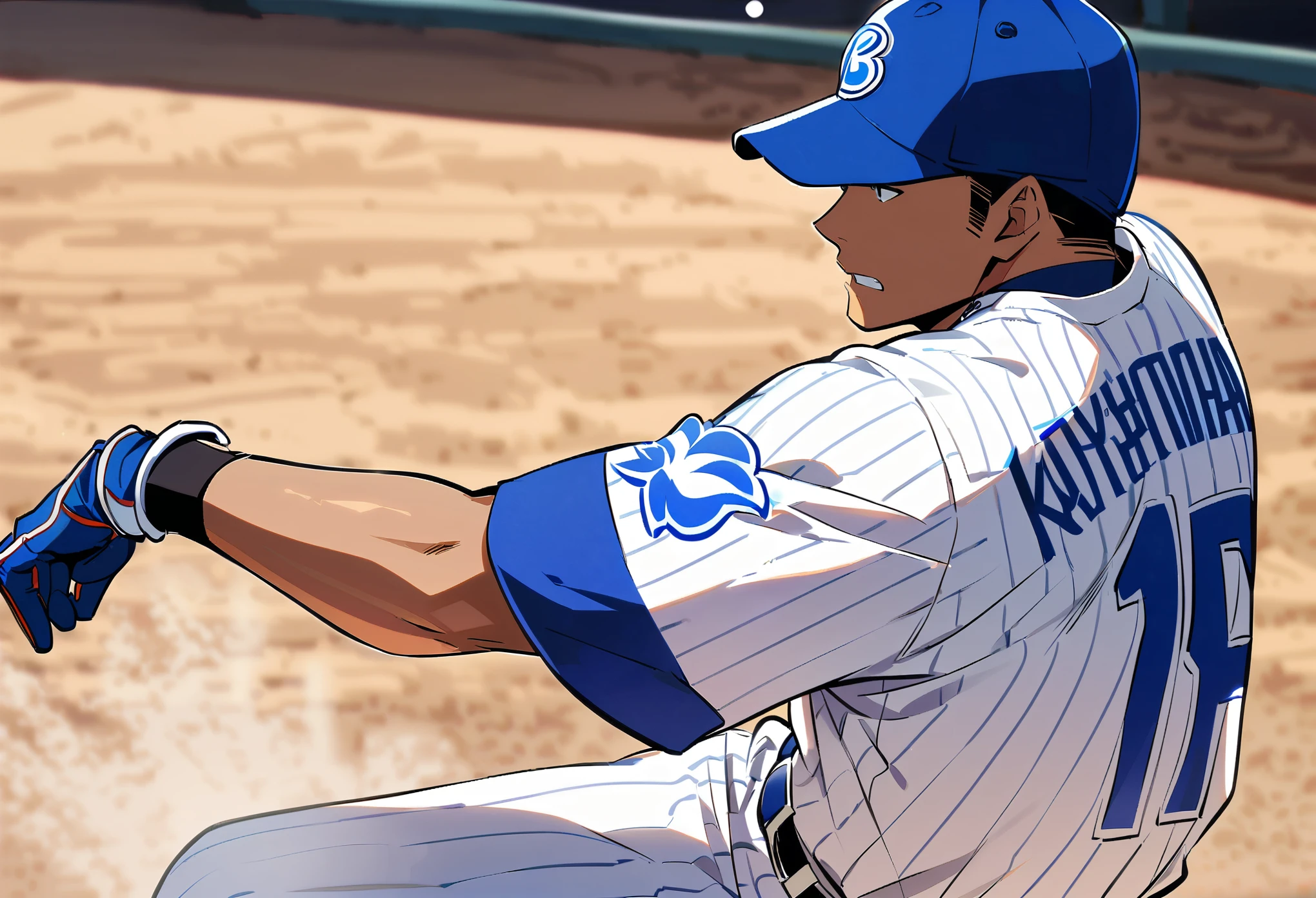 ((1 Male, Pro baseball player)), Yokohama DeNA Baystars, Blue and white baseball uniforms, Batter's swing, Detailed bat, Sharp Eyes, Accurate batting, The ball flies in an arc, Stadium frenzy, Back screen and scoreboard, Cheering squad in the audience, Lively atmosphere, Dynamic Angle, ((Realistic, Anime illustration)), (Highest quality:1.2, Very detailed, Ultra-high resolution, High Detail, masterpiece:1.2, Best aesthetics).