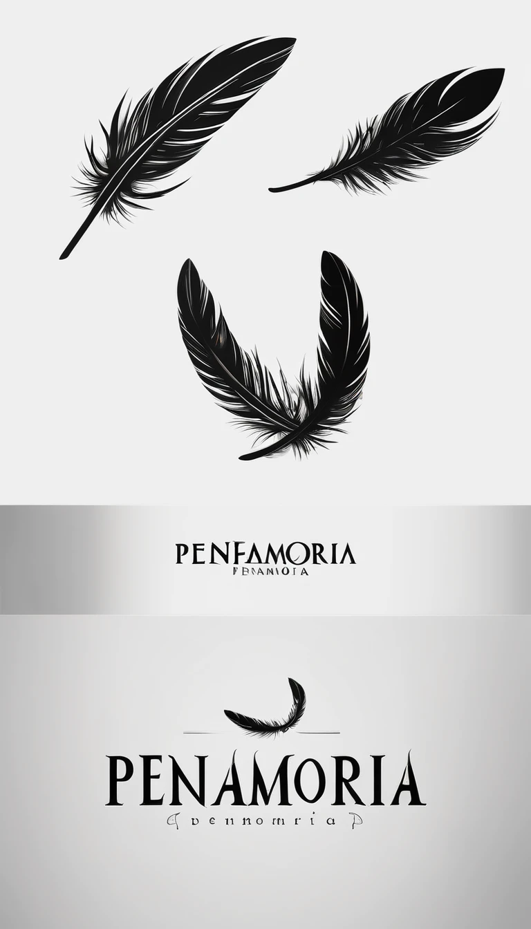 A minimal, modern, simple, cinematic logo design for the brand “Penamemoria". The logo design must be a simple, magical feather that symbolizes storytelling and dreams. Must include a special, fantastic feather impressed on a white t-shirt. Logo Design of a Memory Feather
