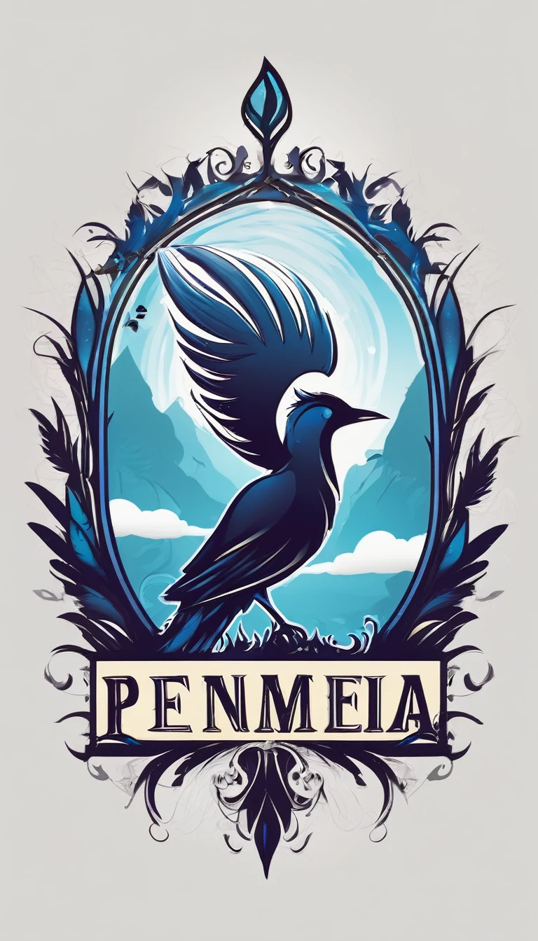 Create a minimalistic, simple, fantastic, easy to understand, logo design of a boy and a feather for an upcoming Fantasy Role Playing Game called " Penamemoria". The game is about a world full of bird and feathers. A boy enters that world and discovers his true artistic identity. Create a logo design that transmits the essence of this videogame. It´s a fantasy game, with fantasy elements. Create the logo in the center and a fantasy theme as background. Use the colours blue, white, yellow in the logo. The logo design must convey a sense of fantasy, dreams and music. Must convey a feeling of being a true Dreamer