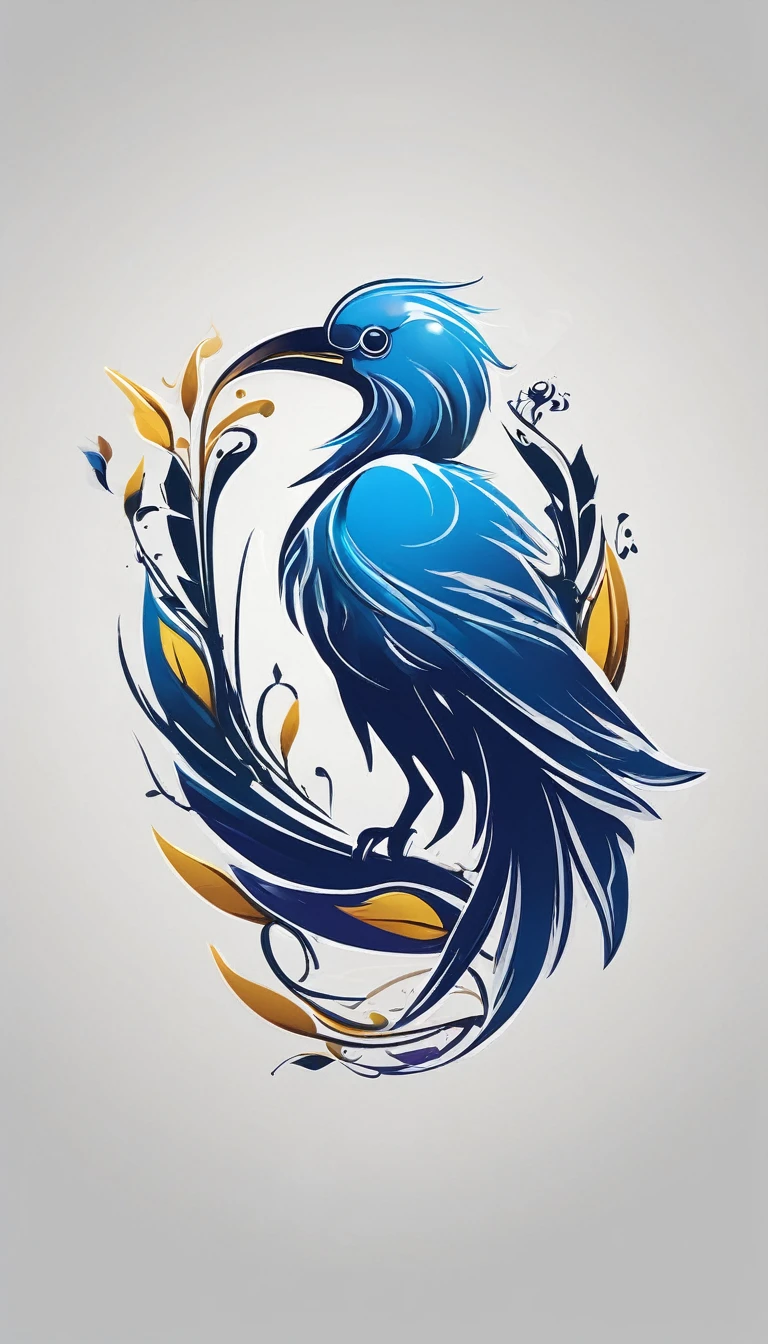 Create a minimalistic, simple, fantastic, easy to understand, logo design of a boy and a feather for an upcoming Fantasy Role Playing Game called " Penamemoria". The game is about a world full of bird and feathers. A boy enters that world and discovers his true artistic identity. Create a logo design that transmits the essence of this videogame. It´s a fantasy game, with fantasy elements. Create the logo in the center and a fantasy theme as background. Use the colours blue, white, yellow in the logo. The logo design must convey a sense of fantasy, dreams and music. Must convey a feeling of being a true Dreamer