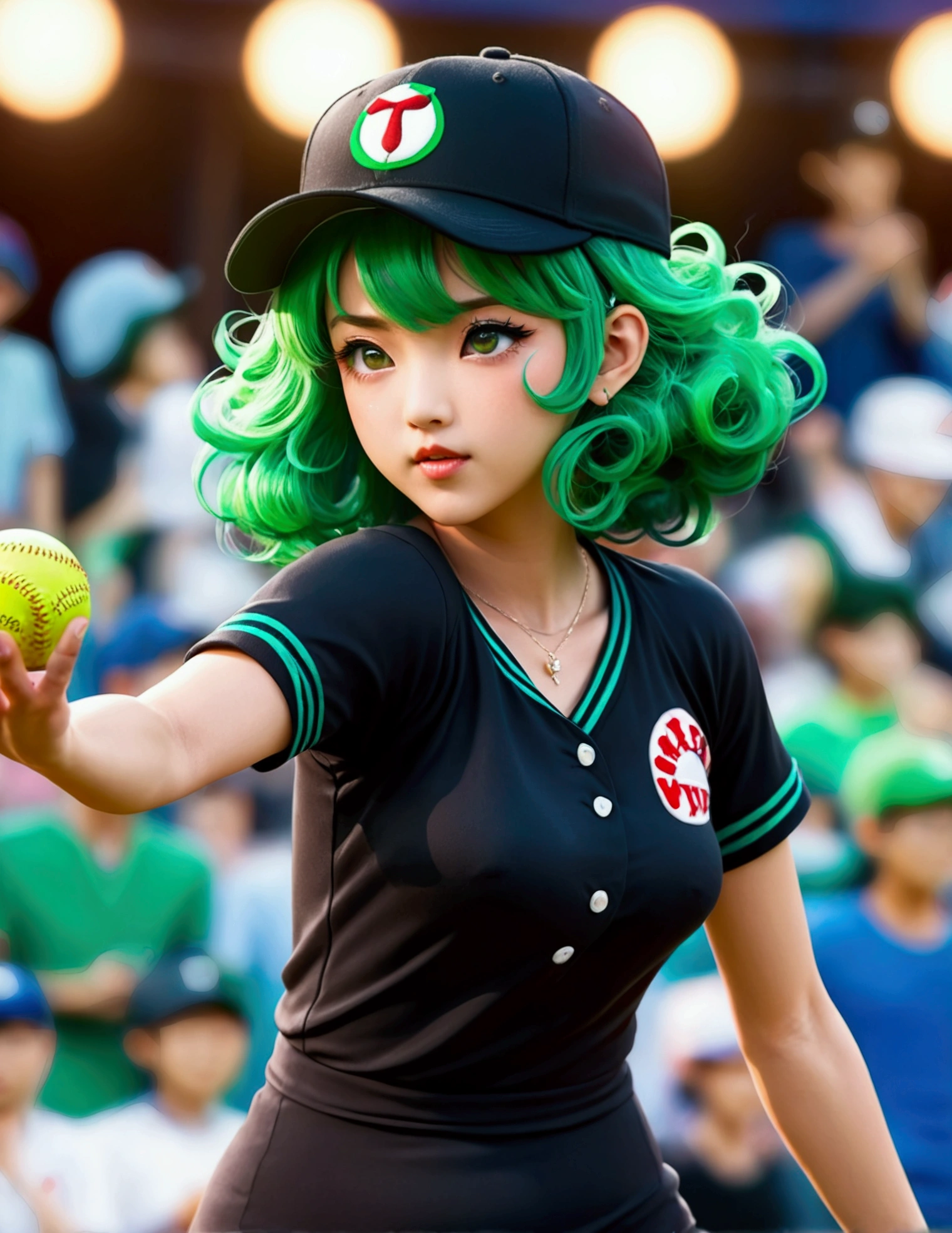 A beautiful Japanese woman (Tatsumaki,black dress, green hair) in a baseball cap pitching a ball, dynamic pitching pose, crowd cheering in the background, bokeh effect, anime style, highly detailed, intricate, vibrant colors, cinematic lighting, photorealistic, masterpiece, (show her entire body, show all of her, show her entire body)