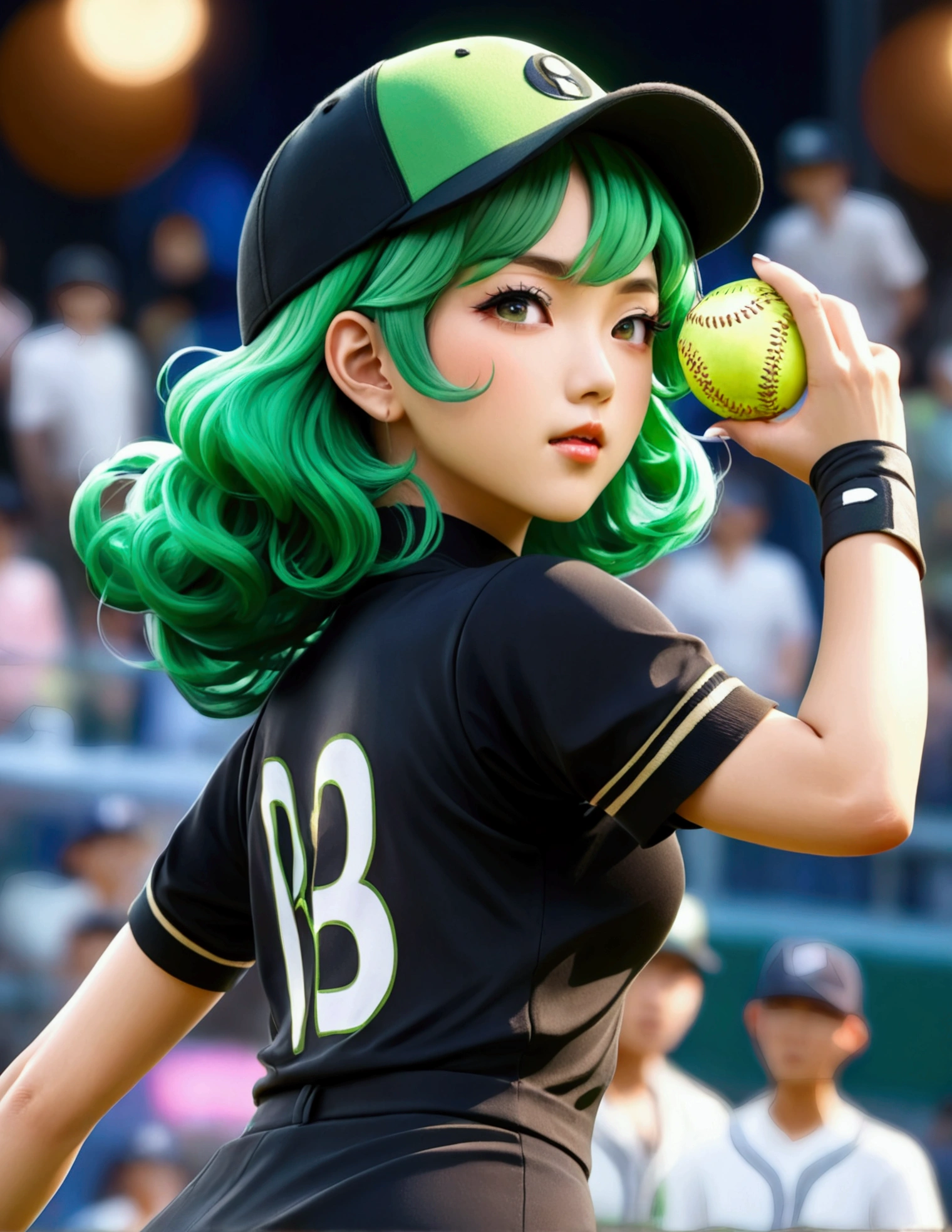 A beautiful Japanese woman (Tatsumaki,black dress, green hair) in a baseball cap pitching a ball, dynamic pitching pose, crowd cheering in the background, bokeh effect, anime style, highly detailed, intricate, vibrant colors, cinematic lighting, photorealistic, masterpiece, (show her entire body, show all of her, show her entire body)
