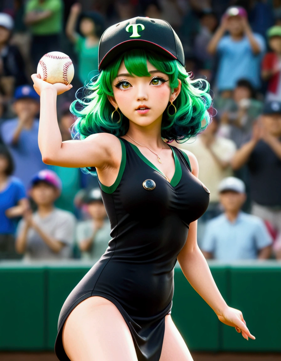A beautiful Japanese woman (Tatsumaki,black dress, green hair) in a baseball cap pitching a ball, dynamic pitching pose, crowd cheering in the background, bokeh effect, anime style, highly detailed, intricate, vibrant colors, cinematic lighting, photorealistic, masterpiece, (show her entire body, show all of her, show her entire body)