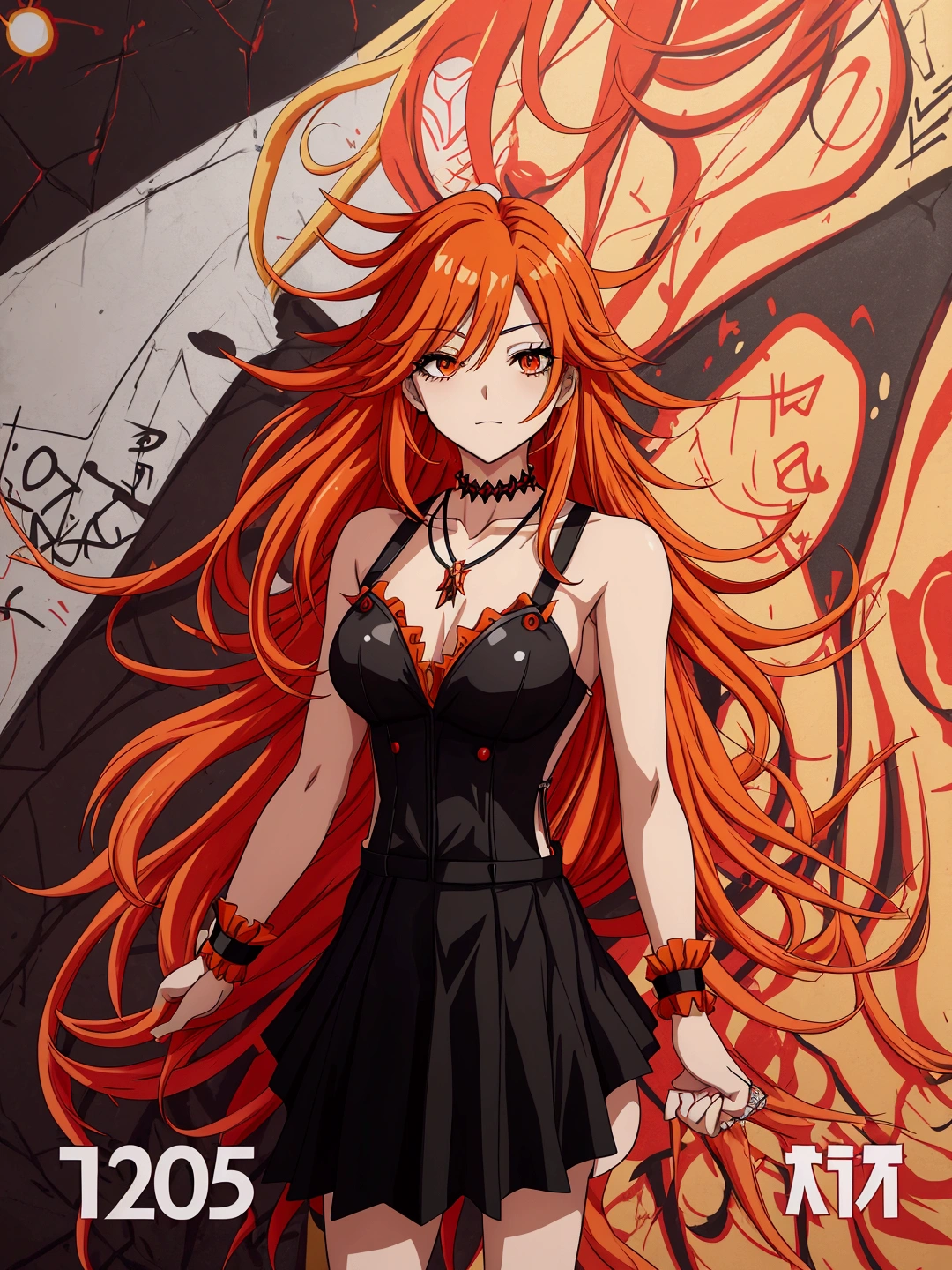 Anime girl in red, orange and black suspender skirt in front of graffiti wall, 28 years old，long hair anime girl, She has long orange-yellow hair., Attractive anime girl,Bare arms，Bare arms，Bare legs，Black necklace，Front view，First Perspective，high quality，16K，Exciting appearance，very clearly，Exquisite mature facial，Royal sister，Simple black suspender skirt，Alone，Standing front，Hands hanging down，High heel，whole body
