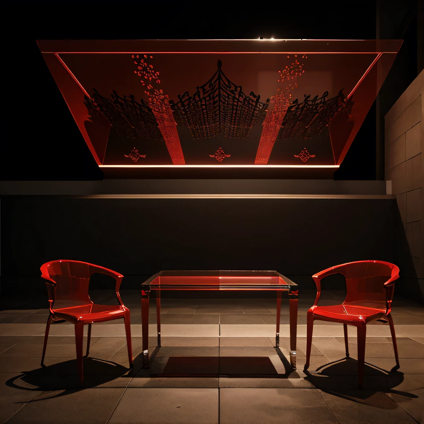 Professional architectural 3D rendering of the design of glass benches in light and dark red and in the shape of musical notes.with two red glassy chairs