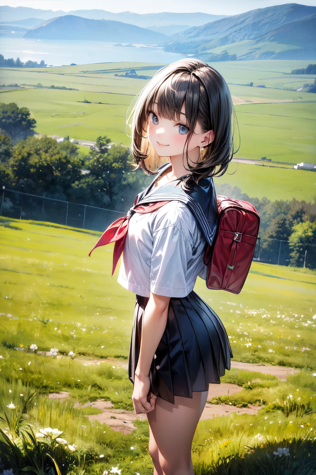 very cute and beautiful girl,(highly detailed beautiful face),(smile),happy,looking at viewer,
black hair,serafuku,short sleeve,(pleated navyblue mini skirt),standing,holding school bag,
countryside,hilltop,grassland,flowers,distant ocean background,
(best quality,masterpiece),absurdres,highres,ultra-detailed,extremely detailed,32k,8k resolution,
intricate details,cinematic scene,detailed background,solo,dynamic angle,(realistic,photorealistic),