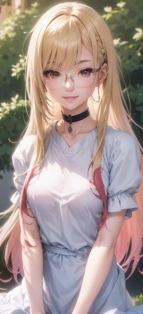 Ayaka, the Solemn Knight with a Ponytail, wearing Glasses and White Hair, is standing in the middle of a Field Background, adding a touch of Knight Armor(0.7) to her charm. She has a Medium Breast and an inviting Smile with her Hair Accessories