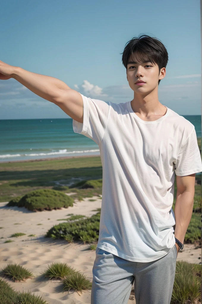 A young Asian man stands, handsome, muscular, looking at the camera. In a plain white t-shirt , Fieldside, grass, beach, sunlight