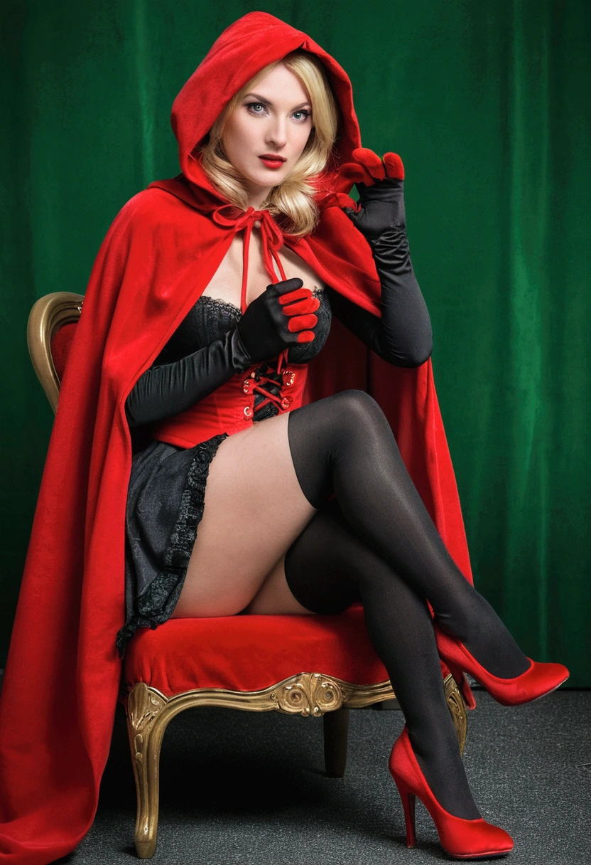 there is a blond woman sitting on a green chair with red shoes, open legs, show clit,in red velvet stockings, little red riding hood, red riding hood, thief red riding hood, red hoods, dressed in a beautiful red cloak, crimson themed, inspired by Dorothy Hood, in red and black, cosplay photo, red hood cosplay, some red, red and black and white, red gloves