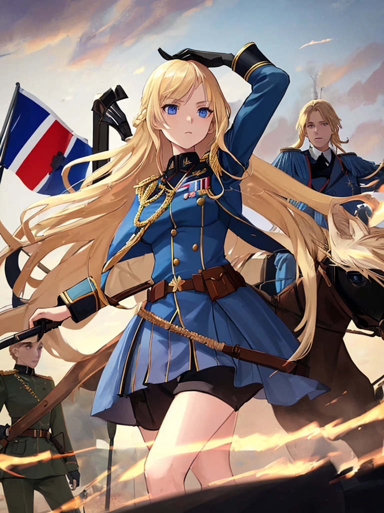 girl,blonde,long hair,blue eyes,french military uniform,flag spear,french flag,army behind,battlefield,cavalry,