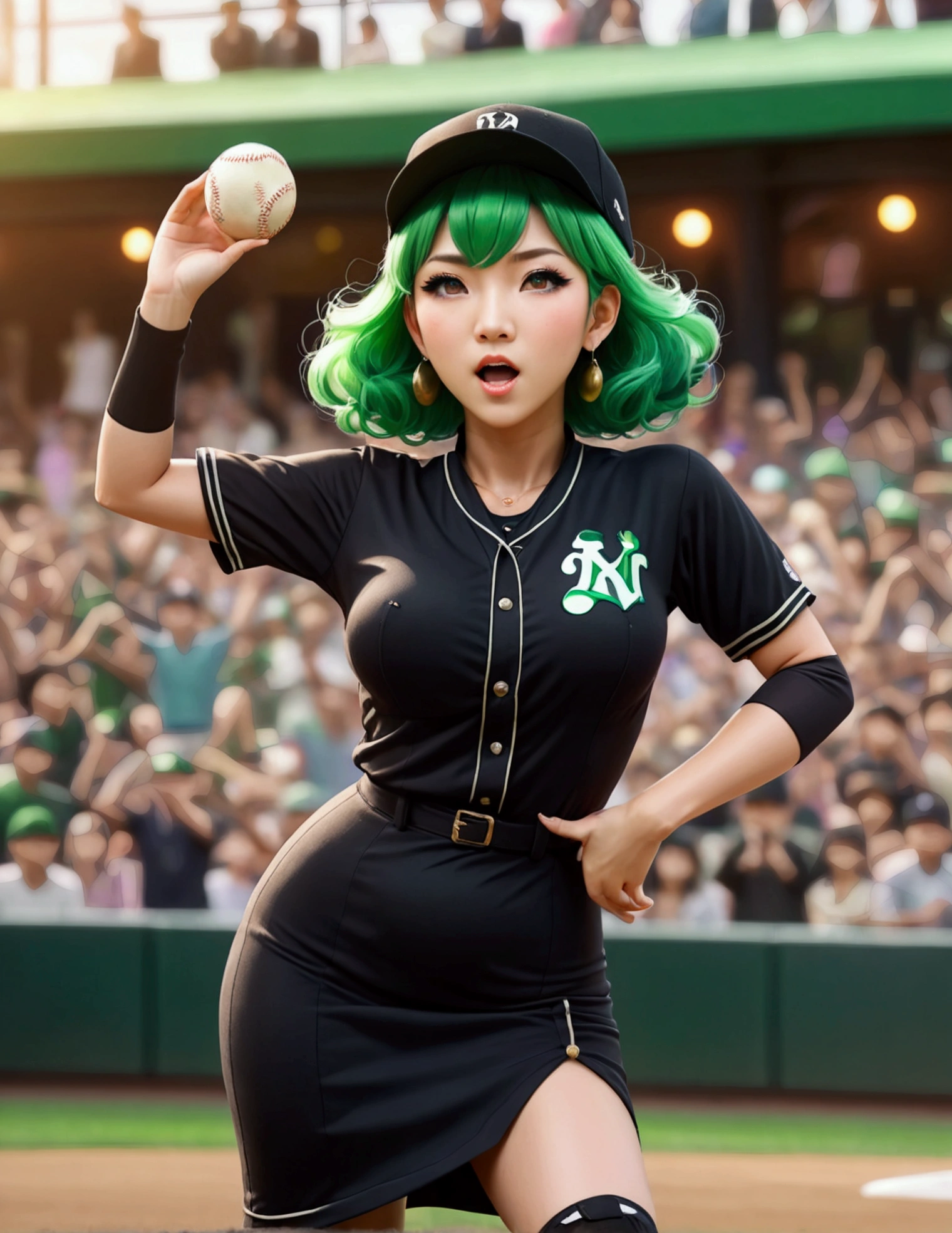 A beautiful Japanese woman (Tatsumaki,black dress, green hair) in a baseball cap pitching a ball, dynamic pitching pose, crowd cheering in the background, bokeh effect, anime style, highly detailed, intricate, vibrant colors, cinematic lighting, photorealistic, masterpiece, (show her entire body, show all of her, show her entire body)
