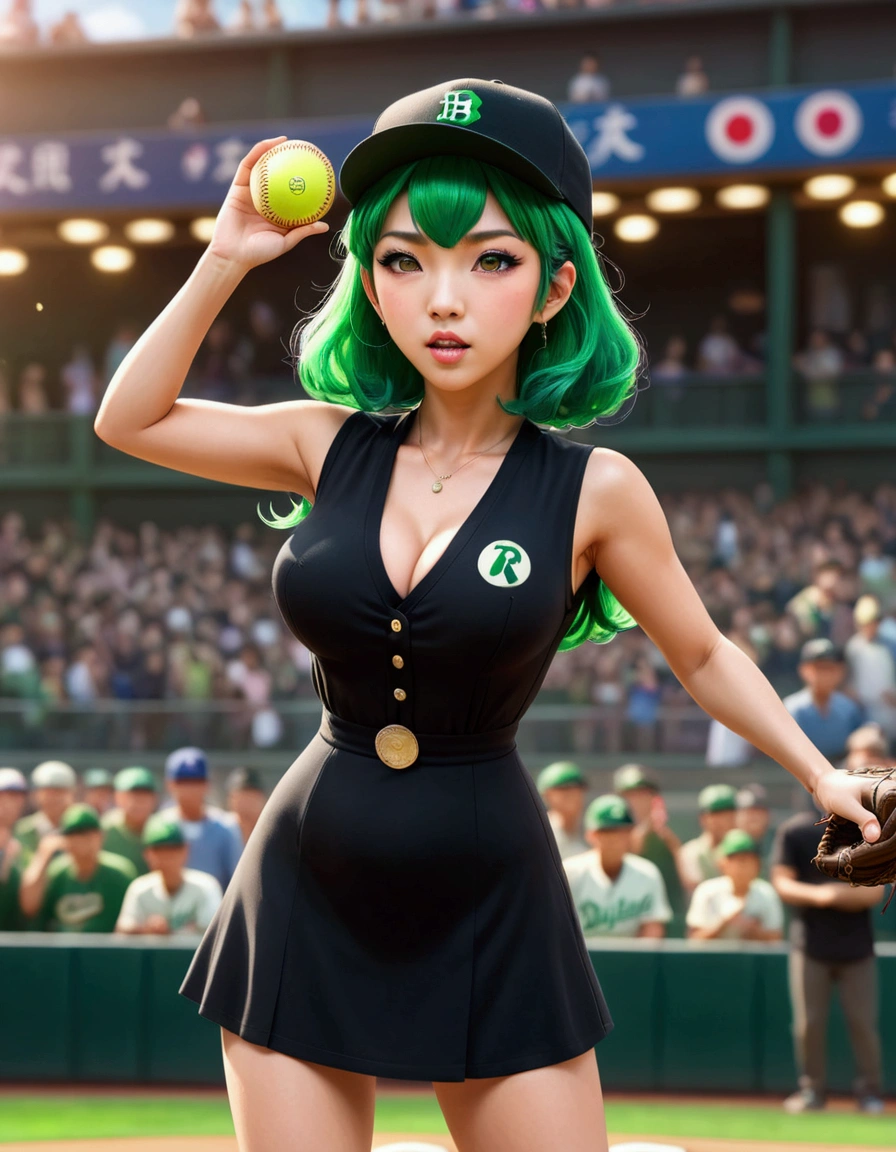 A beautiful Japanese woman (Tatsumaki,black dress, green hair) in a baseball cap pitching a ball, dynamic pitching pose, crowd cheering in the background, bokeh effect, anime style, highly detailed, intricate, vibrant colors, cinematic lighting, photorealistic, masterpiece, (show her entire body, show all of her, show her entire body)
