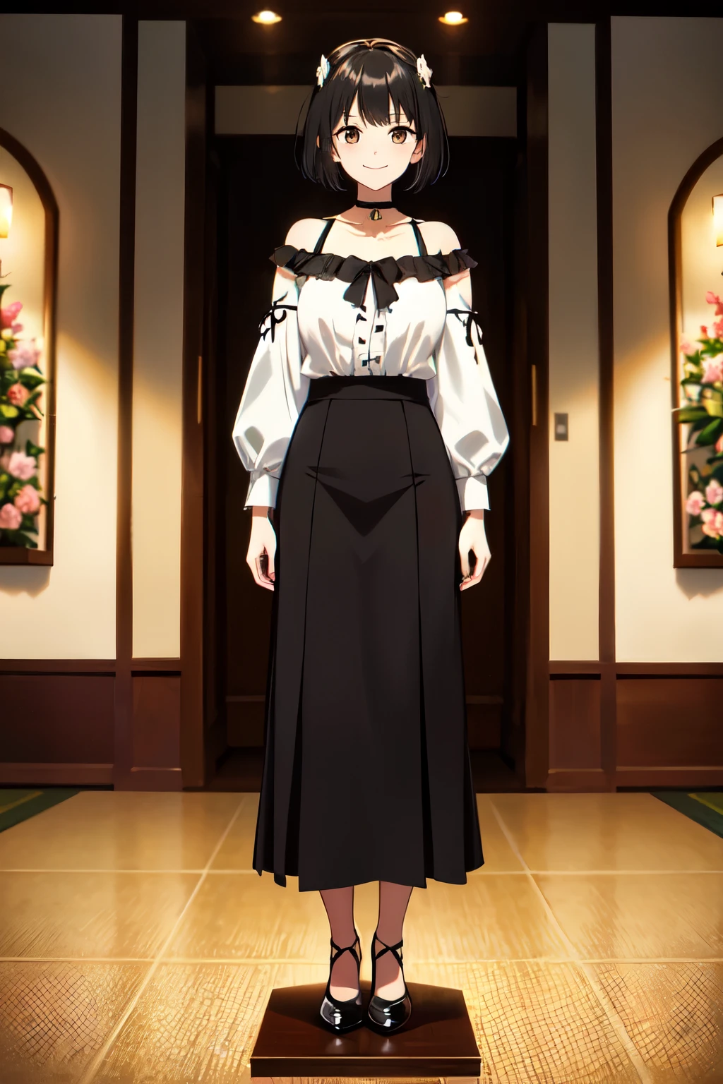 masterpiece, 32k, extremely detailed, finely detail, intricate details,
BREAK
(absurdres:1.1, highres:1.1, ultra detailed:1.1),
insanely detailed, absurdres,
(high resolution:1.1, ray tracing:1.1, refraction:1.1)
(1 female, 独奏:1.3), smile,
BREAK
perfect symmetrical face, Black Hair, Short Hair, choker, blouse, Long skirt, オフィスカジュアル
BREAK
(((full body))), standing,
BREAK