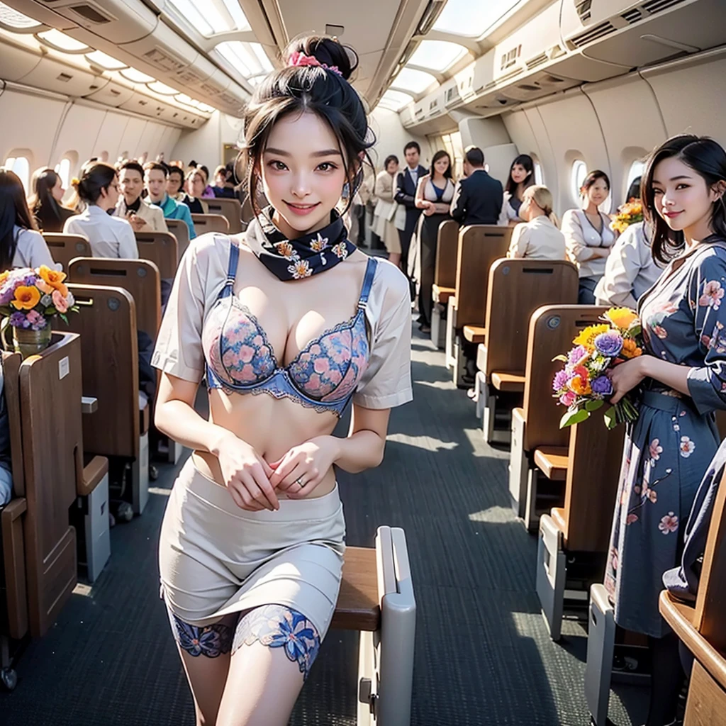 ((Highest quality、Tabletop、8K、Best image quality、Hyperrealism))、((1 female stewardess、walk gracefully down the aisle、Cowboy Shot、Take a photo of her from the waist up))、((The background is the first class aisle of an airplane..))、((perfect stewardess uniform、Very short nylon scarf))、(Exposing the forehead、Hair Bun)、Big ample breasts、Biggest Smile、white big teeth、Perfect Makeup、Long eyelashes、Look at me、Have the best smile、Perfect Anatomy、Bright lighting
(((((I can see the flower patterned bra)))))
Full body photo