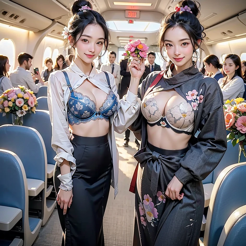 ((Highest quality、Tabletop、8K、Best image quality、Hyperrealism))、((1 female stewardess、walk gracefully down the aisle、Cowboy Shot、Take a photo of her from the waist up))、((The background is the first class aisle of an airplane..))、((perfect stewardess uniform、Very short nylon scarf))、(Exposing the forehead、Hair Bun)、Big ample breasts、Biggest Smile、white big teeth、Perfect Makeup、Long eyelashes、Look at me、Have the best smile、Perfect Anatomy、Bright lighting
(((((I can see the flower patterned bra)))))
Full body photo