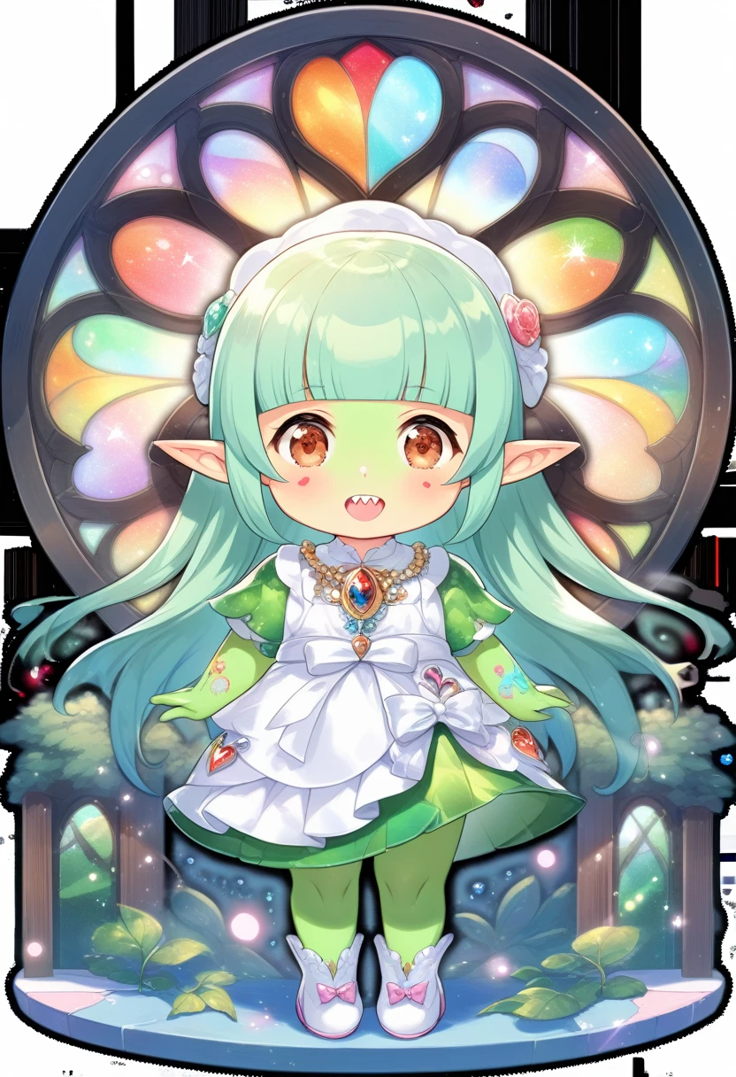 smooth soft skin, natural skin,best quality, masterpiece, ultra high quality
BREAK
(deep green skin:1.9), (goblin girl),(loli:1.9),(little female child:1.8),(loli toddler:1.8),(mini girl:1.7), (4 years old:1.1), kawaii, (baby face:1.1), small breasts,(evil smile:1.1),super smile,ultra cute face,shiny skin,open mouth,(deep green skin all over the body:1.9),
BREAK
(light green hair:1.2), (blunt bangs:1.3), (hime cut:1.4),(brown eyes:1.6), (long hair:1.3), long straight hair,(sharp teeth),highlight on eyes,
BREAK
hensin,henshin),magical girl,(transparent background:1.3),wearing shoes on feet,bow, gem necklace, deepgreen pleats overskirt,white dress,frills, sash, high_heels, collarbones, wedding dress, heart_print,
elf ear,Tribal Jewelry,wearing boots on feet, wearing lightgreen magical Girl Costumes,(magical effect:1.2), magic circle,colorful background,light particles,light sparkles,crystal light,powder light,dynamicpose,multi-layered flower shaped stained glass,rose shaped stained glass),(music note effect fused with stained glass,heart shaped Church windows,nature theme,Giant stained glass leaf,Multiple stained glass musical note,tiffany,dust particles,anime,stain glass inspired by leaf mark,nature background