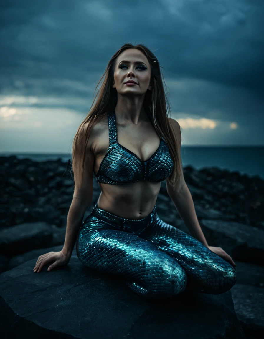 beautiful evil slavic muscular woman, pale skin, long hair, futuristic design, minimal details, photoreal, 200mm, hd, f/ 2.0, highly detailed, surreal, sitting, light smile, against the backdrop of the ocean, dark clouds and black stones, masterpiece,best quality,original photo,high resolution,Mermaid,snake,Smile,portrait,close shot,color,varied actions, cinematic, professional, 4k, (((dynamic model pose))), sitting, full body, mesmerizing, dynamic, dramatic, sensual, dynamic pose, highly detailed skin with hair, subcutaneous veins, light and shadow play, highly detailed,24mm photograph, film, bokeh, professional, 4k,