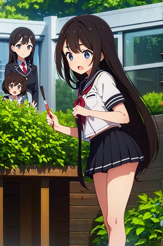 (Three Women:1.5) ,Dark Brown Hair,Black Hair,(Nose Brush:1.7) ,Surprised,Open your mouth,(school uniform),(Panties in full view:1.7),(Extremely high quality),(mini skirt),nature,garden,Shiny legs, Thighs,Cute face,(Looking up from below),tall,squat